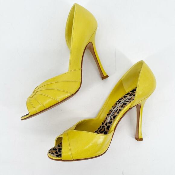 Manolo Blahnik Retro Yellow Risa Leather Peep Toe D'Orsay Heels size IT 37 - Picture 5 of 13